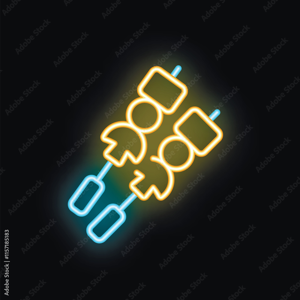 Bright neon sign representing two skewers with meat and vegetables, ideal for restaurant or food related businesses Bright neon sign representing two skewers with meat and vegetables, ideal for restaurant or food related businesses