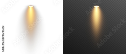Golden spotlight shines on transparent background. Glowing light effect. Scene spotlight on stage. Spotlight PNG. Vector lights: source, studio, walls. PNG file.