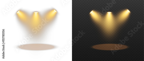 Golden spotlight shines on transparent background. Glowing light effect. Scene spotlight on stage. Spotlight PNG. Vector lights: source, studio, walls. PNG file.