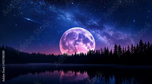 Pink Moon Night Serene Lake, Starry Sky, Shooting Star, Forest Silhouette
