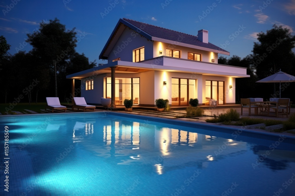 A contemporary swimming pool designed in a unique shape, situated in a stylish home lawn with elegant landscaping. The pool is framed by modern patio furniture and beautiful outdoor lighting A contemporary swimming pool designed in a unique shape, situated in a stylish home lawn with elegant landscaping. The pool is framed by modern patio furniture and beautiful outdoor lighting