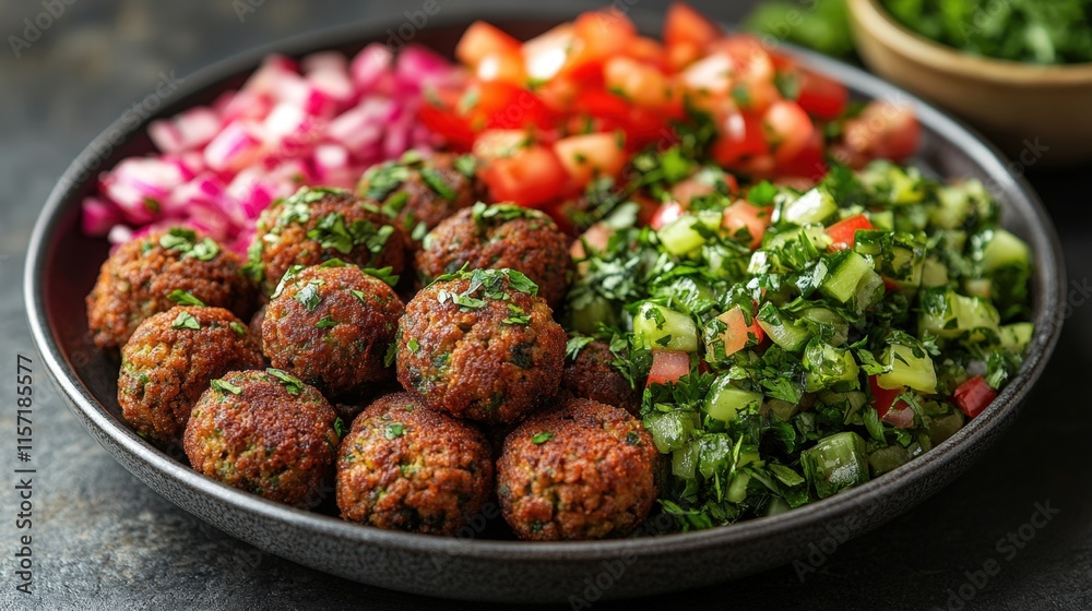 Falafel balls served with chopped salad, tomatoes, red onion, cucumber and parsley. Falafel balls served with chopped salad, tomatoes, red onion, cucumber and parsley.