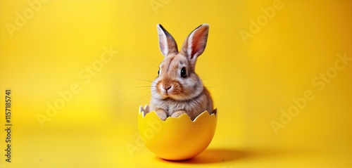 Adorable bunny sits inside yellow Easter egg. Bright yellow background. Springtime scene. Cute and fluffy bunny. Happy Easter. Celebration. Family fun. Holiday. Kids love this photo.