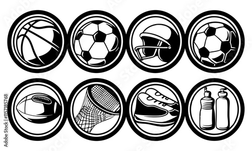 Download Sports And Recreation  Skateboard, Tennis Racket, Baseball Bats, And Bowling Pins Vector . This Design Concept Isolated Premium Vector. 