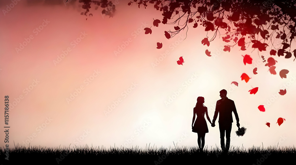 Romantic couple holding hands among falling leaves autumn park digital art serene atmosphere warm colors love concept Romantic couple holding hands among falling leaves autumn park digital art serene atmosphere warm colors love concept