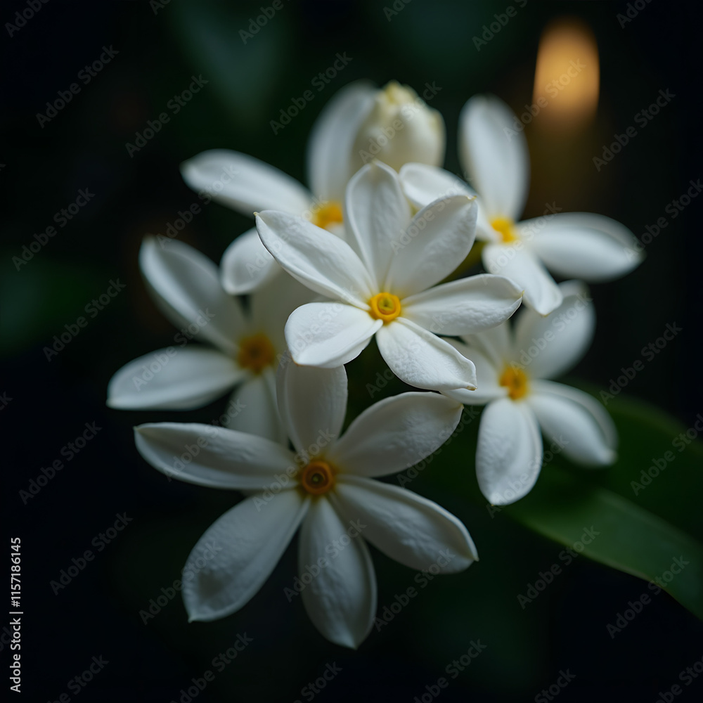 Fototapeta premium Delicate white flowers with yellow centers clustered together against a dark background 