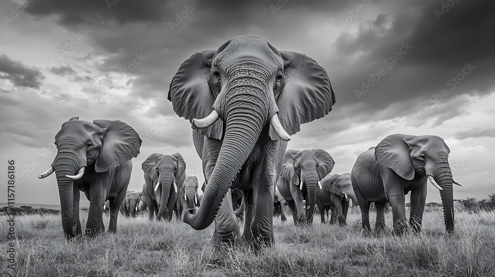 Fototapeta premium Elephant Herd: Photograph a herd of elephants migrating across the African savanna, showcasing their social behavior and majestic size