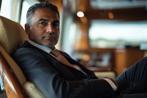 A confident man sits back in a plush chair inside a luxurious yacht. Wearing a dark suit and tie, he exudes sophistication against the backdrop of rich yacht interiors. photo