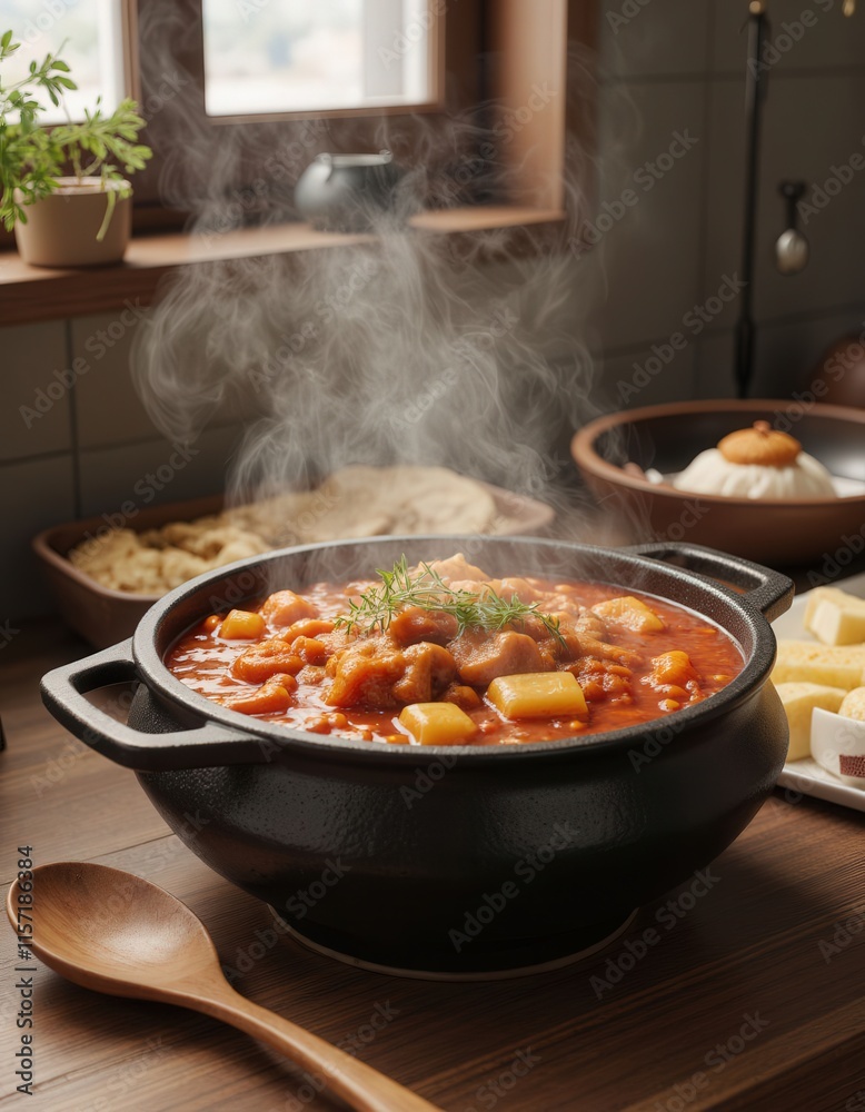 Steaming Stew in Black Pot with Breads Steaming Stew in Black Pot with Breads