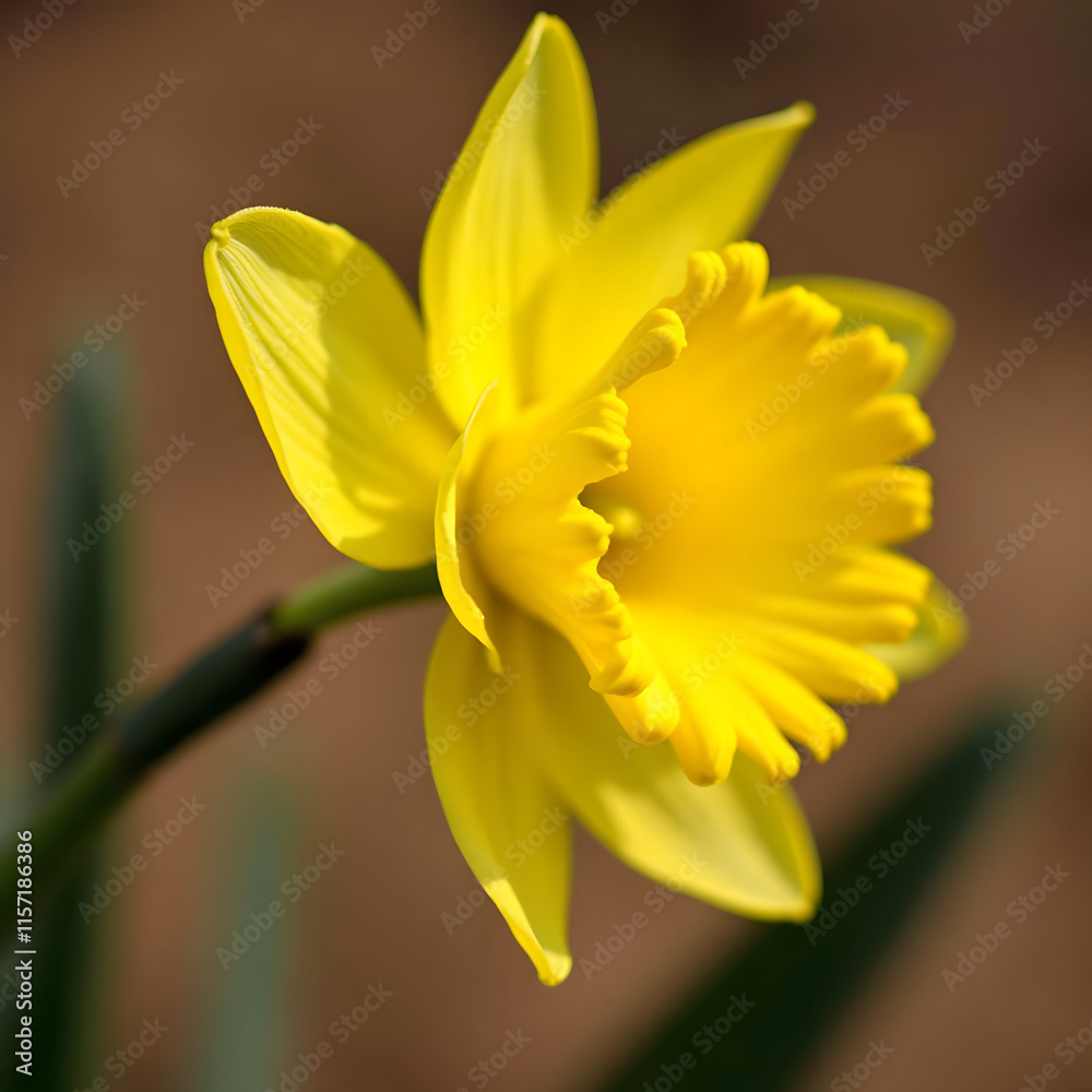 Fototapeta premium Bright yellow daffodil flower blooming in a soft-focus garden setting 