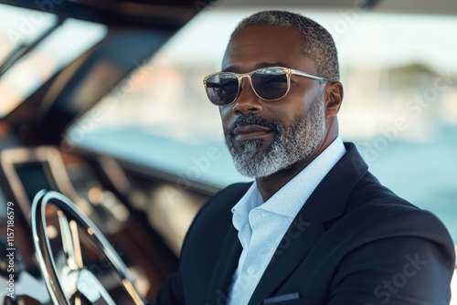 An elegant man, sporting sunglasses and a sharp suit, casually steers a luxurious yacht, epitomizing refined sophistication and the adventurous spirit of the open sea.