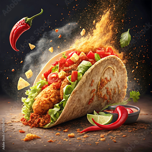 Mexican food Tacos with meat and vegetables on a black background.AI-generated image.