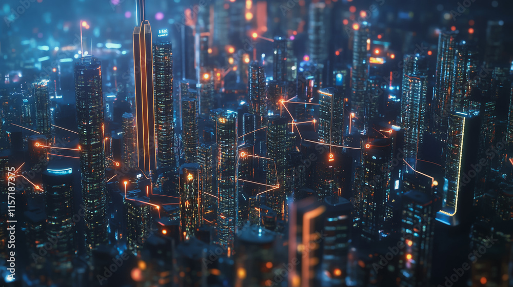 Smart digital Innovation city with connection network reciprocity over the cityscape. of future smart wireless digital city and social media networking systems that connects people with in city Smart digital Innovation city with connection network reciprocity over the cityscape. of future smart wireless digital city and social media networking systems that connects people with in city