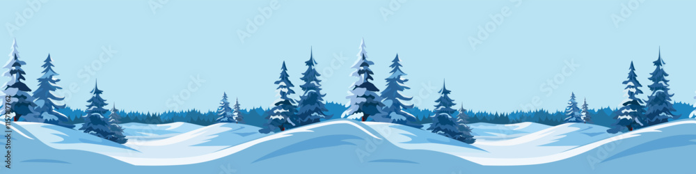 Obraz premium Flat winter snowy landscape seamless banner. Vector illustration. Snowy weather background. Winter season.