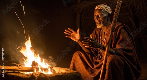 Elderly African Man Telling Stories Near A Campfire