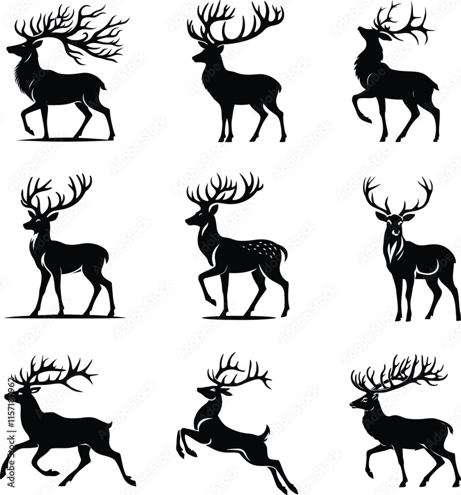 Elegant Black and White Deer Silhouette set vector Art, Deer vector art style with white background. Elegant Black and White Deer Silhouette set vector Art, Deer vector art style with white background.