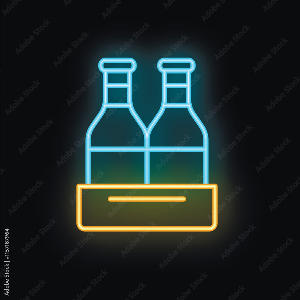 Neon sign showing two blue bottles standing in a yellow wooden crate, on a black background Neon sign showing two blue bottles standing in a yellow wooden crate, on a black background