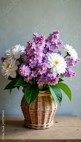 Wallpaper Mural Lilac and white blooms in wicker container adorn the wood, white, flowers, wood Torontodigital.ca
