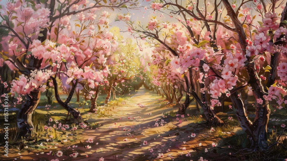 A tranquil spring landscape of apricot trees in bloom and fresh, vibrant colors A tranquil spring landscape of apricot trees in bloom and fresh, vibrant colors
