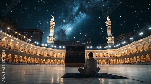 A night sky shines over a temple, as a person faces a khana kaba . This image is one of a selection being submitted as stock content for use.

