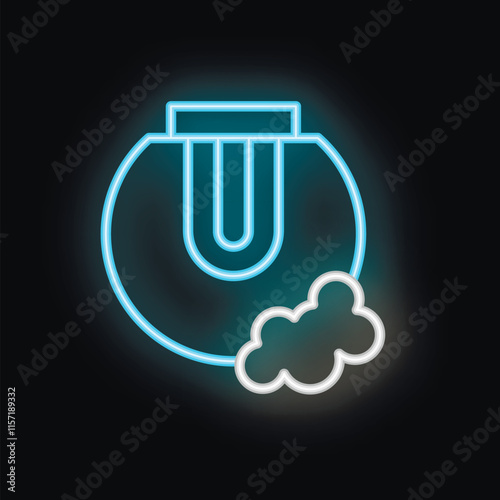 Blue and white neon icon of a manhole cover with steam coming out on a black background