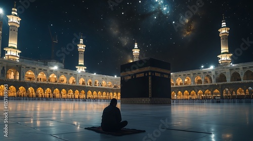 A night sky shines over a temple, as a person faces a khana kaba . This image is one of a selection being submitted as stock content for use.

