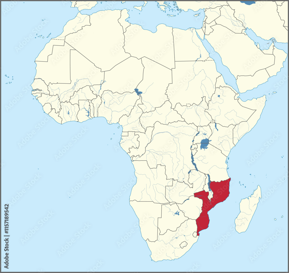 Fototapeta premium Detailed national location map of MOZAMBIQUE within the great continent of Africa