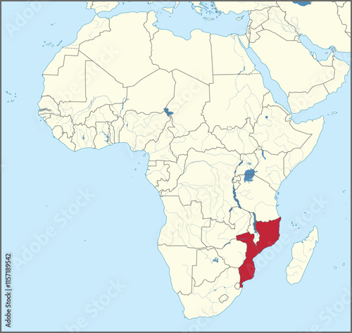 Detailed national location map of MOZAMBIQUE within the great continent of Africa