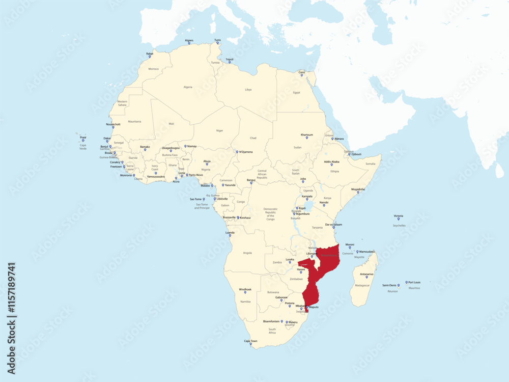 Obraz premium Detailed national location map of MOZAMBIQUE within the great continent of Africa