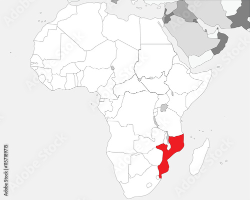 Detailed national location map of MOZAMBIQUE within the great continent of Africa