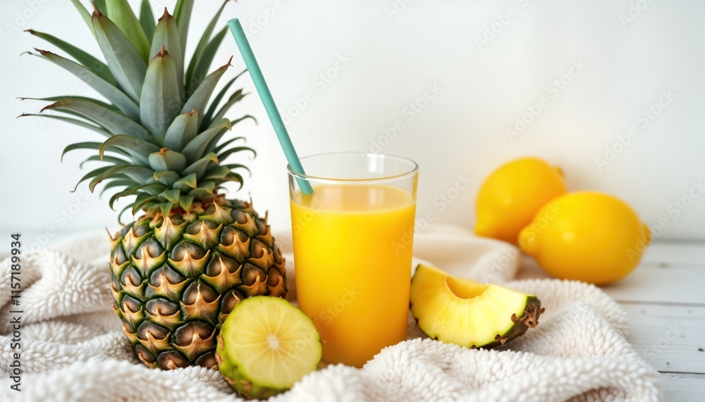Fresh pineapple juice in glass with straw. Pineapple slices, lemon on fuzzy white cloth. Summery, tropical. Healthy beverage, exotic fruit. Vibrant yellow, green colours. Isolated on white Fresh pineapple juice in glass with straw. Pineapple slices, lemon on fuzzy white cloth. Summery, tropical. Healthy beverage, exotic fruit. Vibrant yellow, green colours. Isolated on white