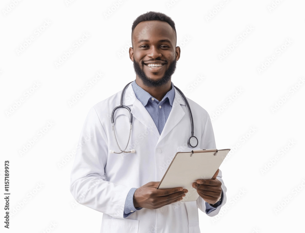 A doctor in a white coat, wearing a stethoscope around the neck, holding a clipboard and smiling at the camera, isolated on a white background