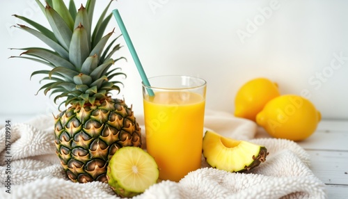 Fresh pineapple juice in glass with straw. Pineapple slices, lemon on fuzzy white cloth. Summery, tropical. Healthy beverage, exotic fruit. Vibrant yellow, green colours. Isolated on white photo