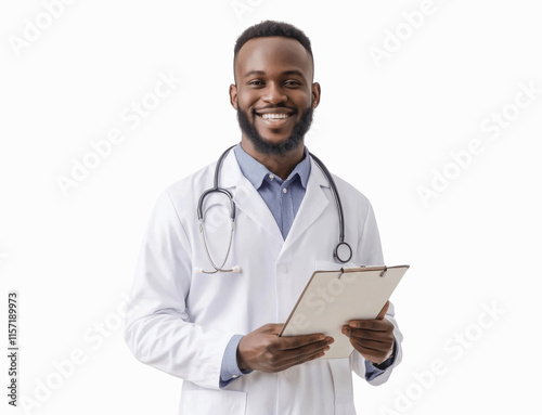Obraz na płótnie A doctor in a white coat, wearing a stethoscope around the neck, holding a clipboard and smiling at the camera, isolated on a white background w salonie