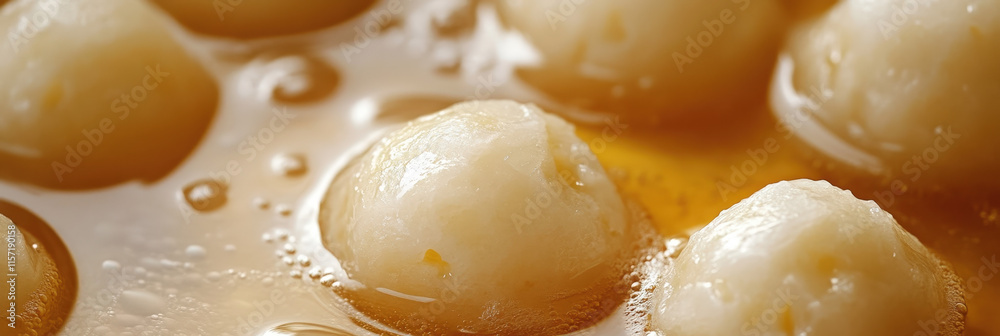 Warm Rasgulla in Sweet Syrup Close-Up Warm Rasgulla in Sweet Syrup Close-Up