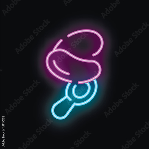 Neon sign of a magnifying glass examining a coffee bean on a black background