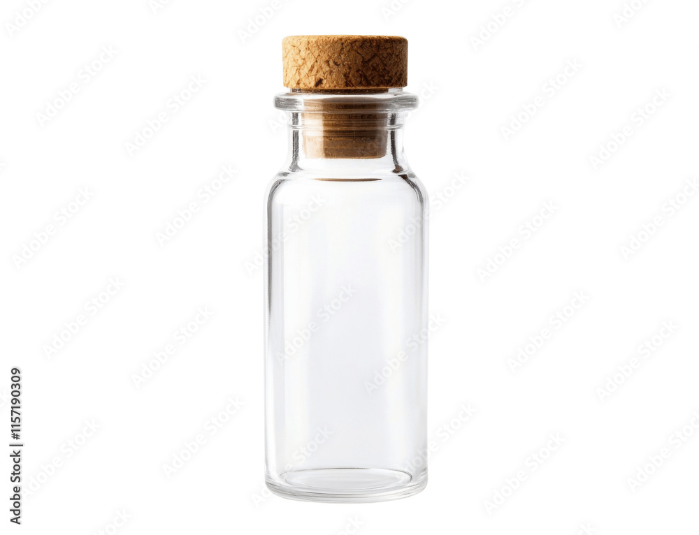 A traditional glass medical vial with a rubber stopper, filled with a transparent liquid, isolated on a white background A traditional glass medical vial with a rubber stopper, filled with a transparent liquid, isolated on a white background