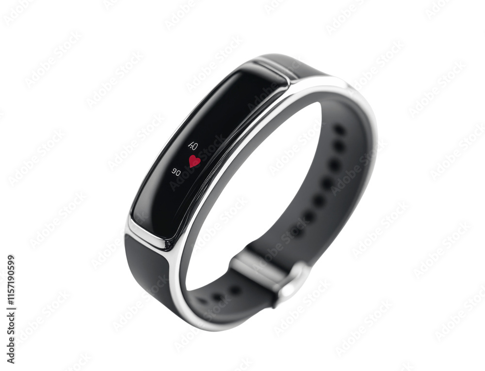 A fitness tracking bracelet with a minimalist display, isolated on a white background, showcasing details like step count or heart rate