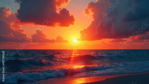 Blazing sun dips below the horizon, painting the ocean with fire , beautiful, serene