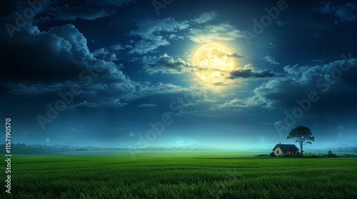 Serene Night Landscape Moonlit Cottage, Green Field, Starry Sky