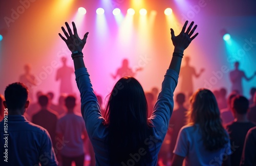 Large group of people worshiping joyfully with hands raised in church concert religious celebration. People excited, enthusiastic during spiritual event with music, band on stage. Colorful stage
