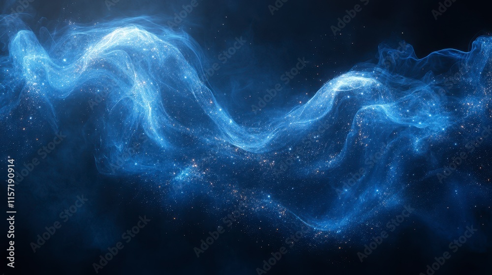 Abstract blue glowing particles wave on dark background. Abstract blue glowing particles wave on dark background.
