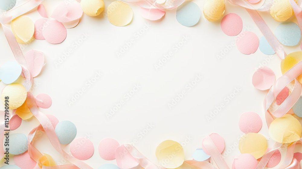 Pastel confetti and ribbons frame on white background. Pastel confetti and ribbons frame on white background.