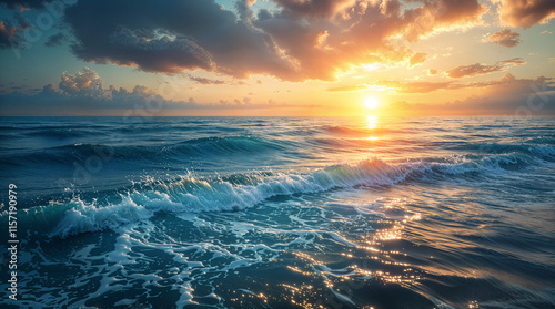 Ocean Sunset Waves Pink Clouds, Golden Sun, Sea Spray