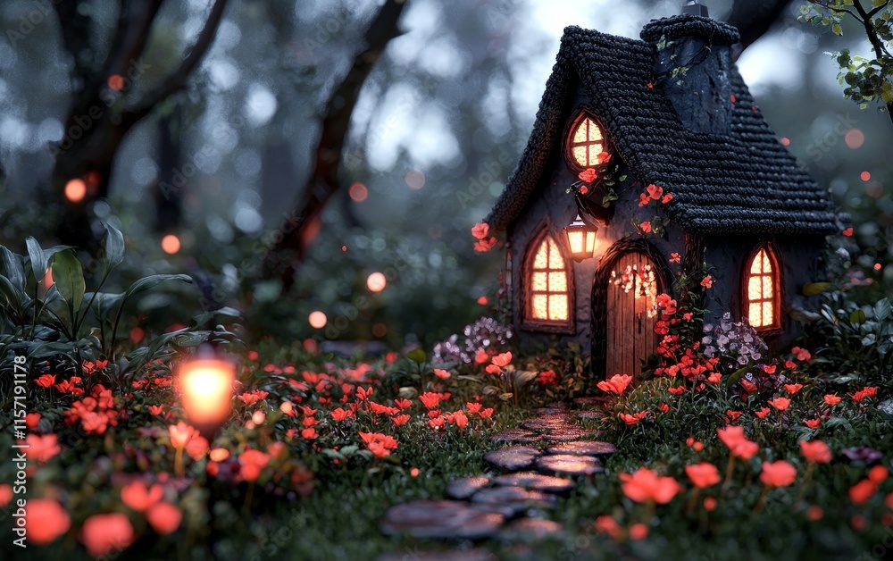 Fototapeta premium Enchanting Cottage in a Magical Forest Fairy Tale Home Night Scene
