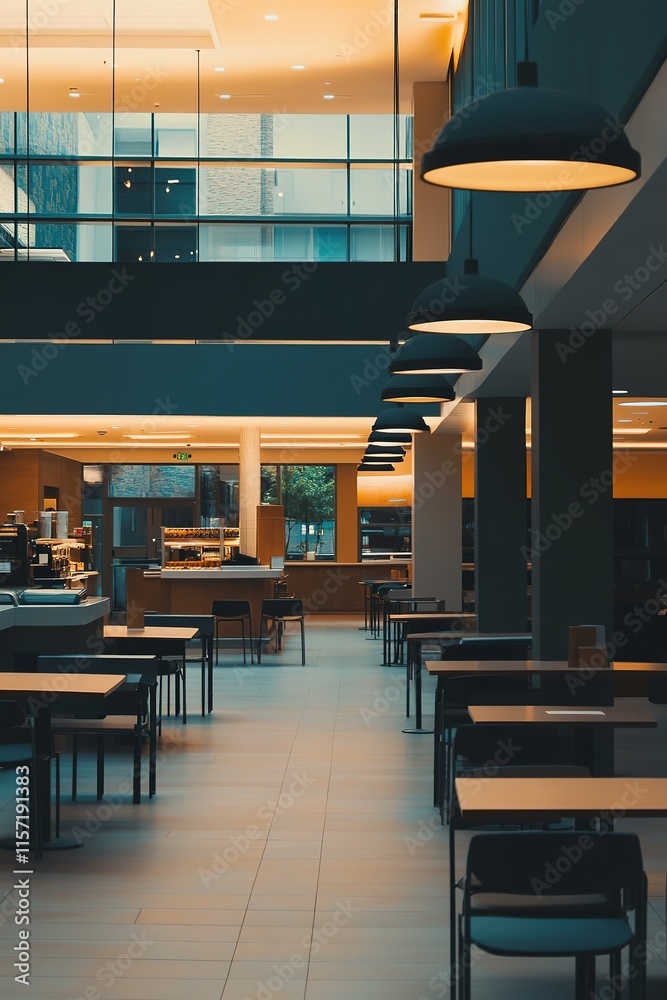 Modern café interior features warm lighting, spacious layout, an Modern café interior features warm lighting, spacious layout, an