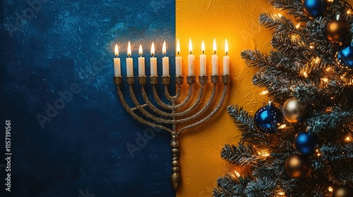 A Menorah and Christmas tree side by side, symbolizing cultural coexistence. photo