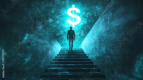 A silhouette walks up stairs towards a glowing dollar sign. The image is used to denote the business category for photo uploads.

