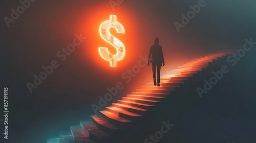 A silhouette walks up stairs towards a glowing dollar sign. The image is used to denote the business category for photo uploads.

