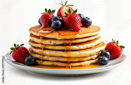 Fluffy pancakes stacked high on plate drizzled with syrup, topped with fresh berries. Perfect breakfast brunch treat. Delicious homemade meal served on plate. Tasty, appetizing. Sweet, golden brown.